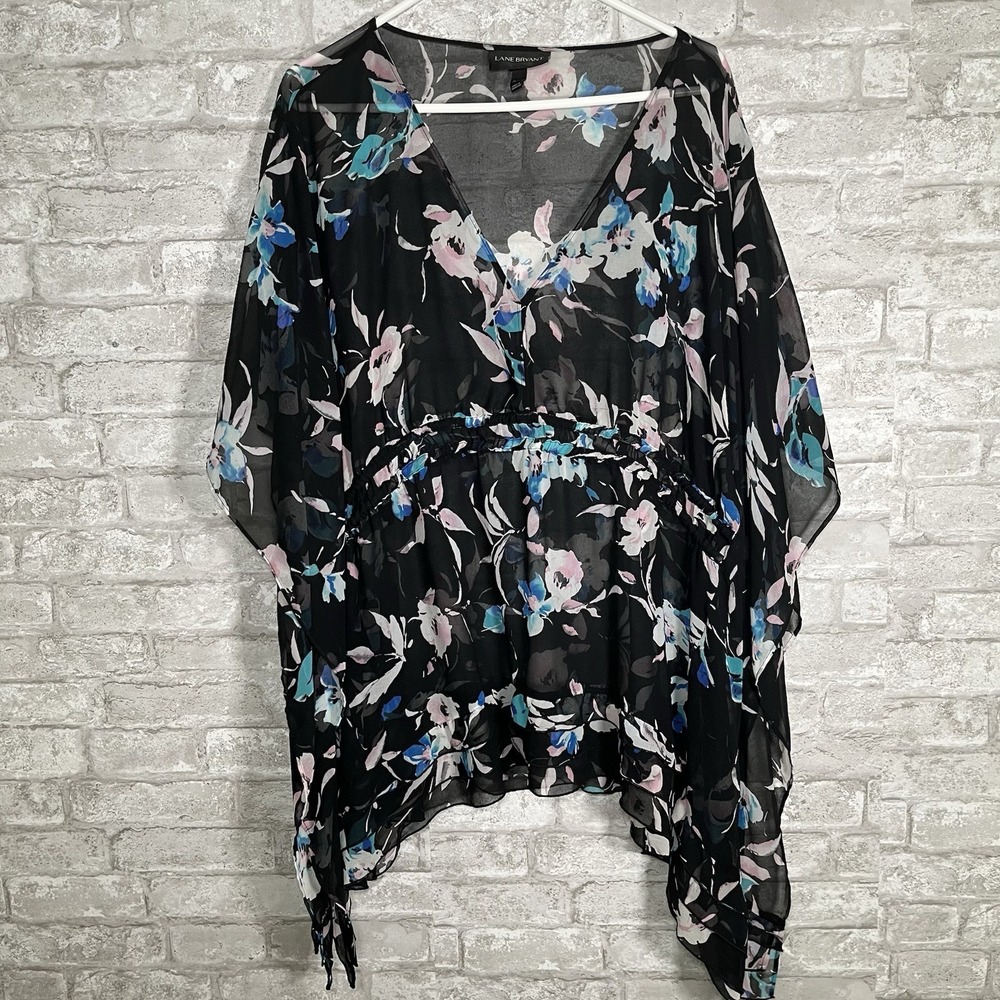 Lane Bryant Sheer black floral chiffon blouse v-neckline flowy tunic Size 26/28